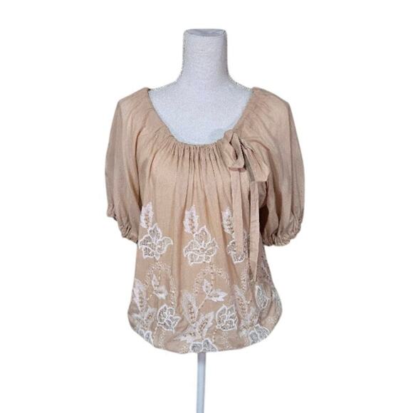 Alberto Makali Tops - Alberto Makali Embroidered Silk Top Size Medium Tan Coquette Feminine Boho Fairy
